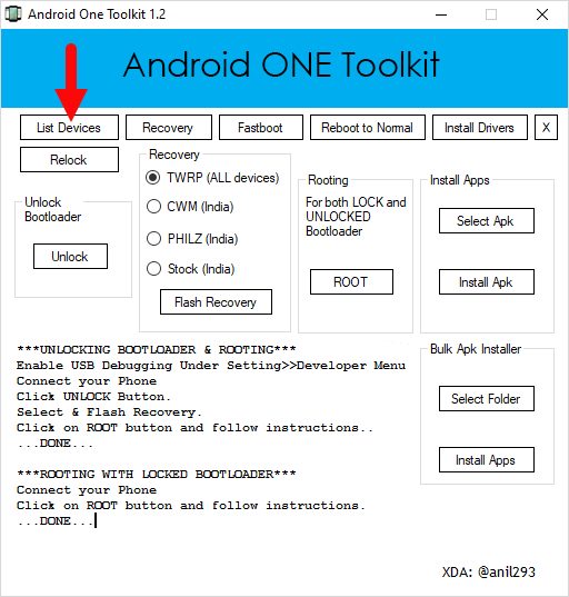 AndroidOneToolkit List Devices