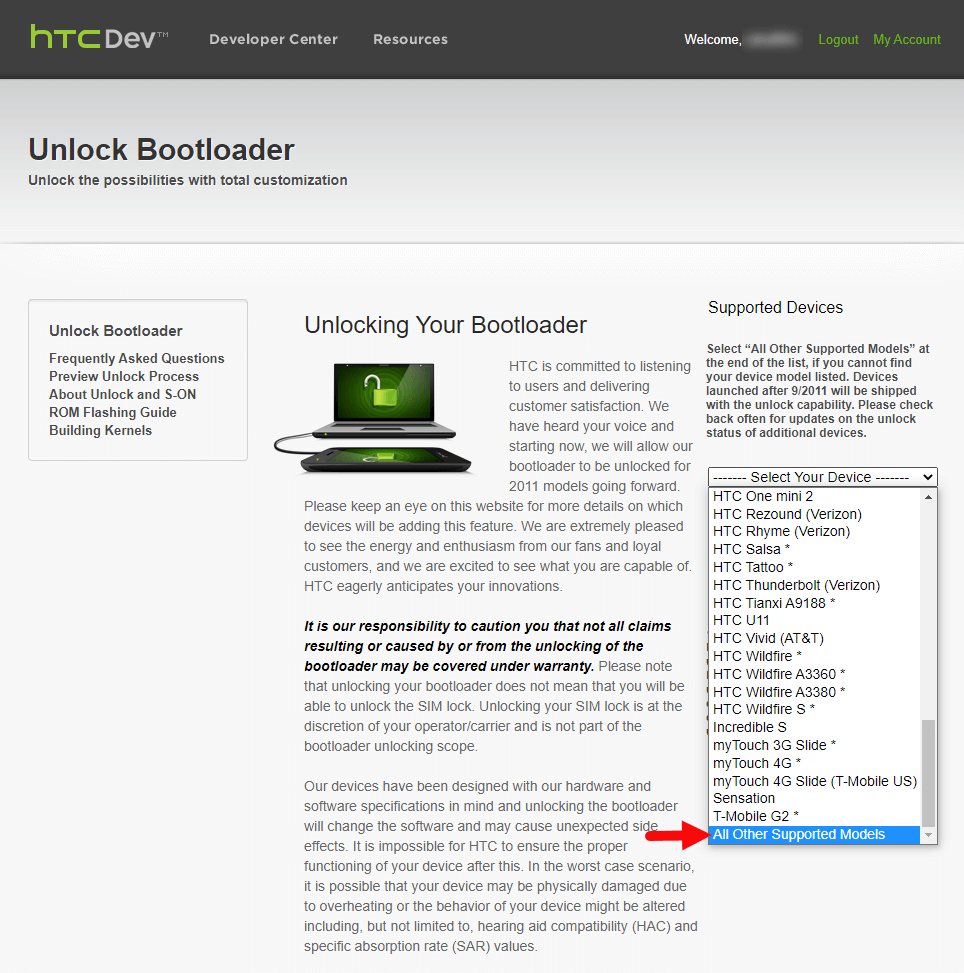 HTCDev Unlock Bootloader Select Device
