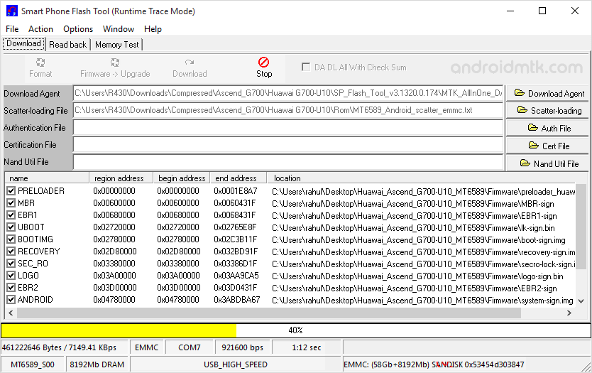 Huawei Ascend G700 SP Flash Tool Flashing