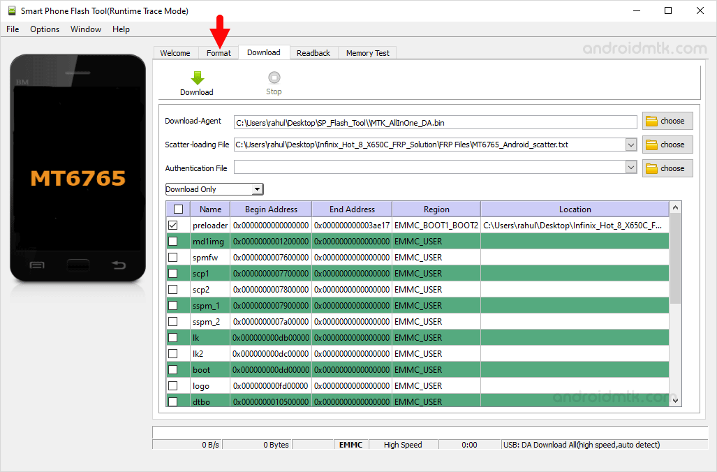 Infinix Hot 8 X650C SP Flash Tool Format Menu