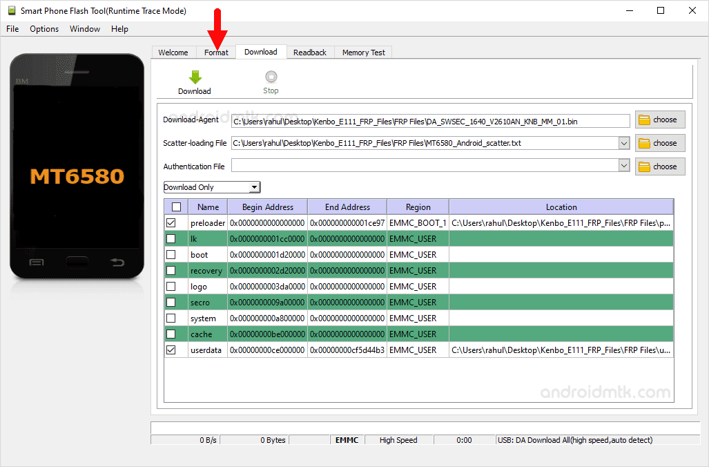 Kenbo E111 SP Flash Tool Format Menu