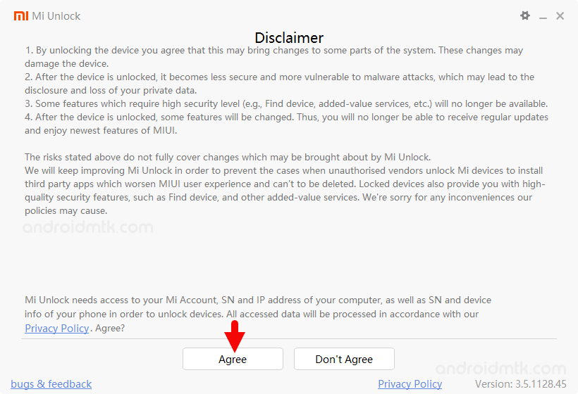 mi unlock tool disclaimer agree