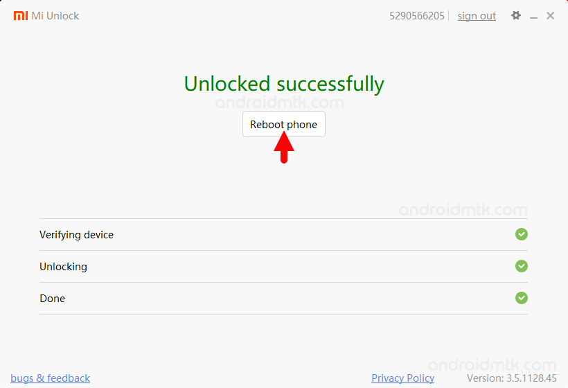 mi unlock tool unlock reboot