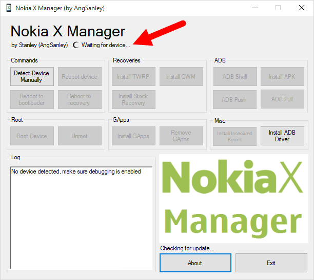 Nokia X Manager Waiting for Device