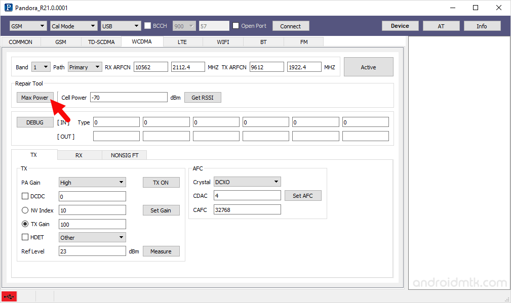 pandora tool wcdma max power