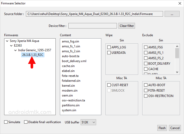 Select Firmware Xperia FlashTool