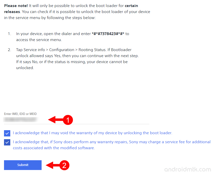 sony unlock bootloader input imei