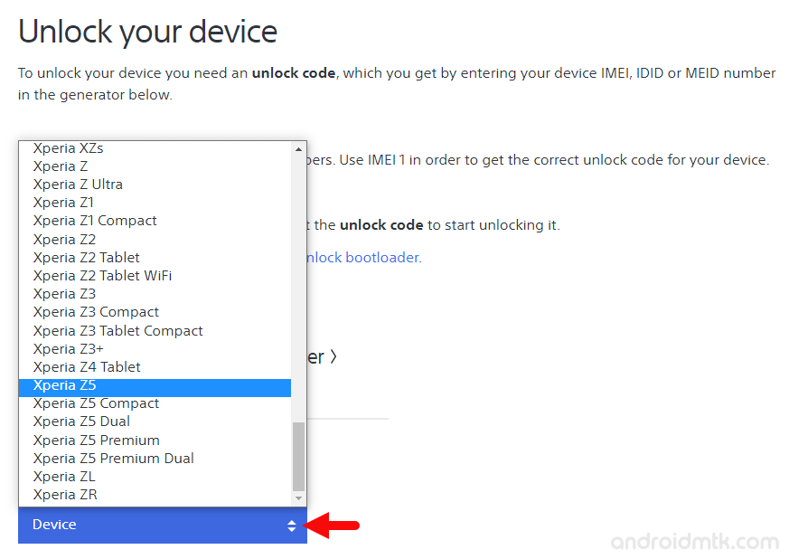 sony unlock bootloader select device