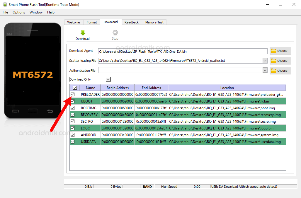 Smartphone Flash Tool Untick Preloader