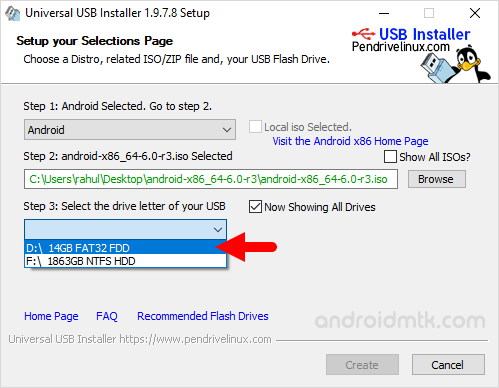 Universal USB Installer choose drive