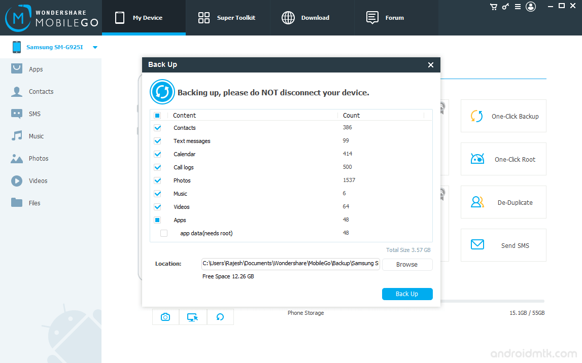 Wondershare MobileGo for Android Choose Backup