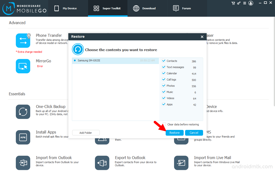 Wondershare MobileGo for Android Choose Backup Restore
