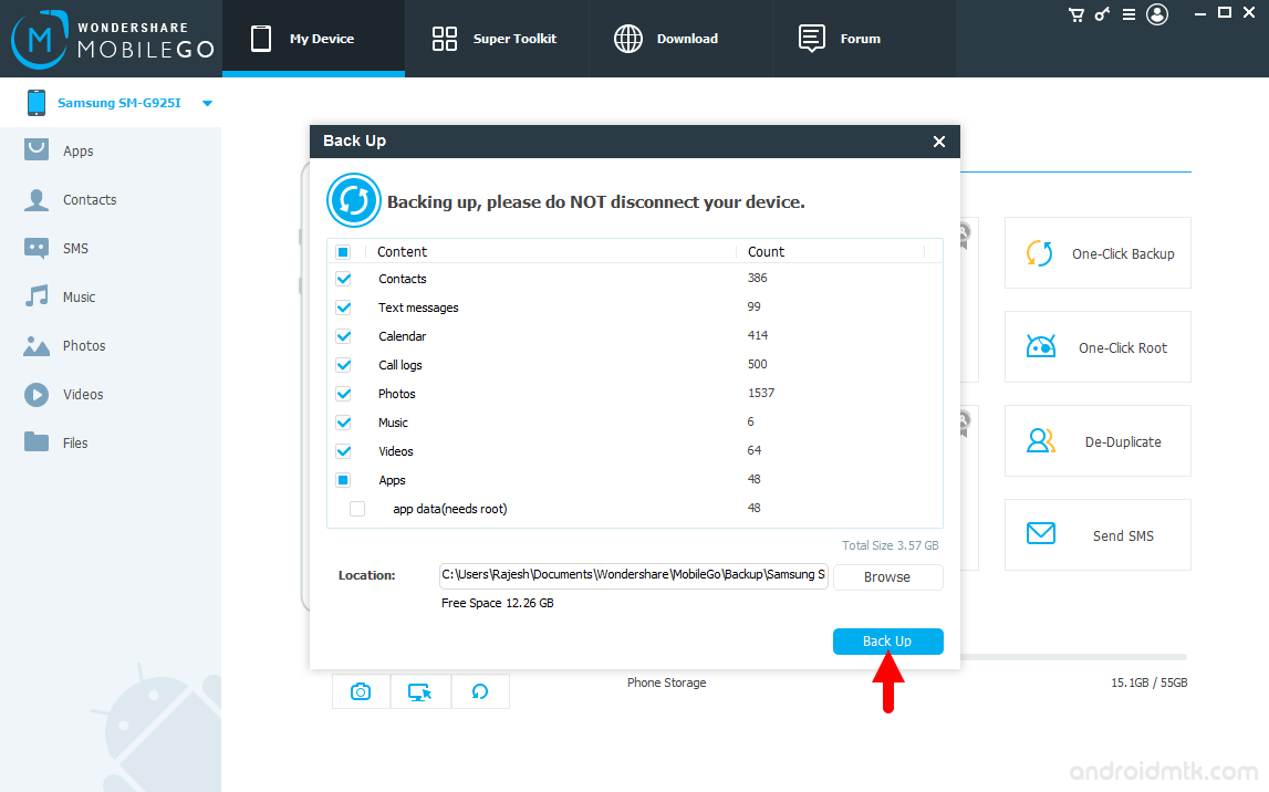 Wondershare MobileGo for Android Start Backup